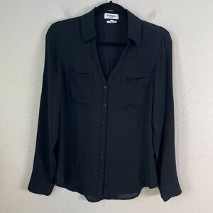 Express Portofino Shirt Womens Small Black Roll Tab Sleeve Slim Fit Blouse Top